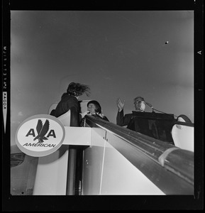 Sen. Barry Goldwater addressing the crowd at the airport from the American Airlines stair ramp of the plane