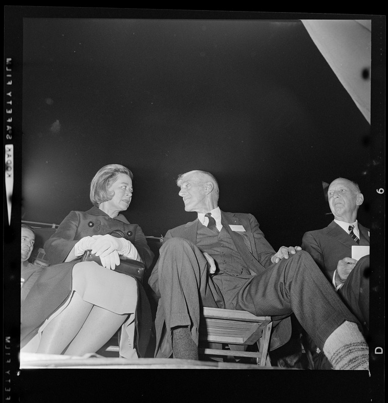 Peggy Goldwater, wife of Presidential nominee Sen. Barry Goldwater, with Senator Leverett Saltonstall at the Republican Rally in Fenway Park