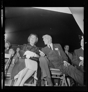 Peggy Goldwater, wife of Presidential nominee Sen. Barry Goldwater, with Senator Leverett Saltonstall at the Republican Rally in Fenway Park