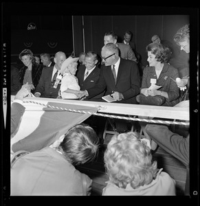 Governor Volpe, Sen. Barry Goldwater and Peggy Goldwater talking with a youngster at Fenway Park