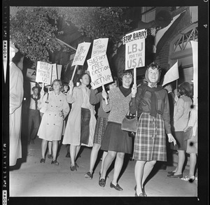 Protest marchers picket outside Fenway Park where Sen. Barry Goldwater spoke at a Republican rally last night