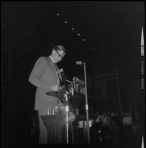 John Kenneth Galbraith addressing Harvard students at Sanders Theater at a Moratorium Day rally