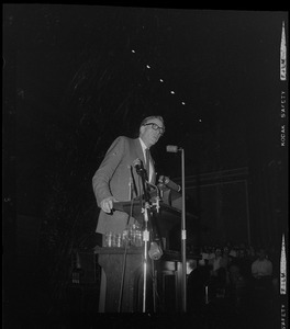 John Kenneth Galbraith addressing Harvard students at Sanders Theater at a Moratorium Day rally