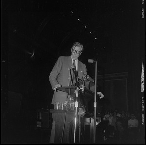 John Kenneth Galbraith addressing Harvard students at Sanders Theater at a Moratorium Day rally