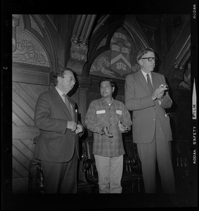 I.F. Stone, Cesar Chavez and John Kenneth Galbraith at the Moratorium Day rally