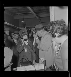 Margaret Heckler on the phone at her campaign headquarters