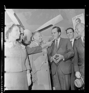 Former Vice President Richard Nixon with Republican candidate for Governor John Volpe talking with reporters