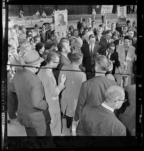 Group of reporters and supporters outside surrounding former Vice President Richard Nixon and Republican candidate for Governor John Volpe