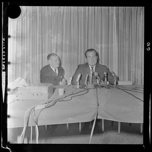 Former Vice President Richard Nixon and Republican candidate for Governor John A. Volpe seated, and addressing the room at the Sheraton Plaza Hotel