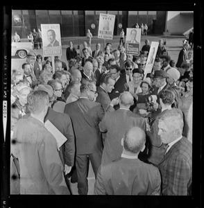 Group of reporters and supporters around former Vice President Nixon and Massachusetts candidates outside of the airport upon Richard Nixon landing