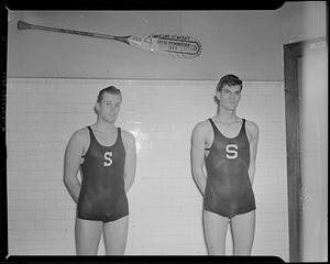 Two swimmers in pool locker room