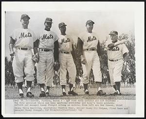 New York Mets Infield and New Uniforms - The Mets unveiled their new home uniforms yesterday and here's their probable infield and manager Casey Stengel acting as models. From left are Don Zimmer, third base; Felix Mantilla, shortstop; Charles Neal, second base; Gil Hodges, first base and manager Casey Stengel.