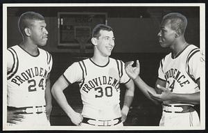 Three Mass. boys who will play important roles on Joe Mullaney's Friars' squad this year. L-R, Soph. Jim Walker - Boston, Soph. Steve Sarantopoulos - Brockton, Junior Bill Blair - Boston