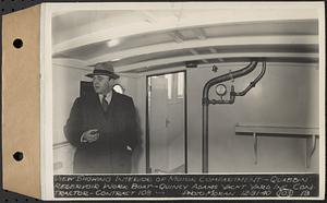 Contract No. 103, Construction of Work Boat for Quabbin Reservoir, Quincy, view showing interior of motor compartment, Quincy, Mass., Dec. 31, 1940