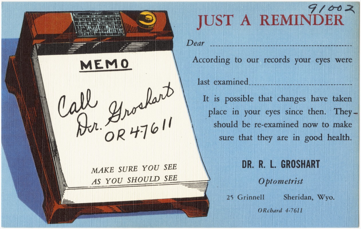Dr. R. L. Groshart, Optometrist, 25 Grinnell, Sheridan, Wyo.