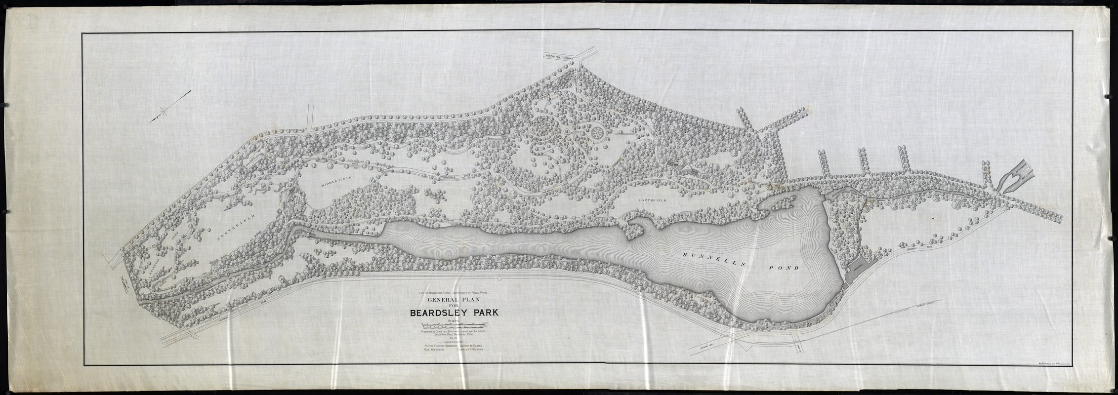 CITY OF BRIDGEPORT, PARK COMMISSION; DEPARTMENT OF PUBLIC PARKS; GENERAL PLAN FOR BEARDSLEY PARK; SCALE 80'=1"