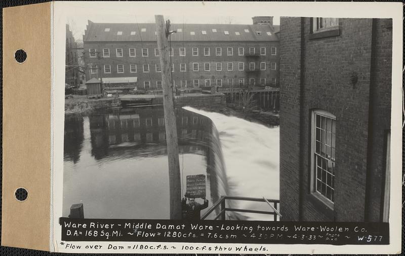 Ware River, middle dam at Ware, looking towards Ware Woolen Co., drainage area = 168 square miles, flow 1180 cubic feet per second over dam, 100 cubic feet per second through wheels, total 1280 cubic feet per second = 7.6 cubic feet per second per square mile, Ware, Mass., Apr. 3, 1933