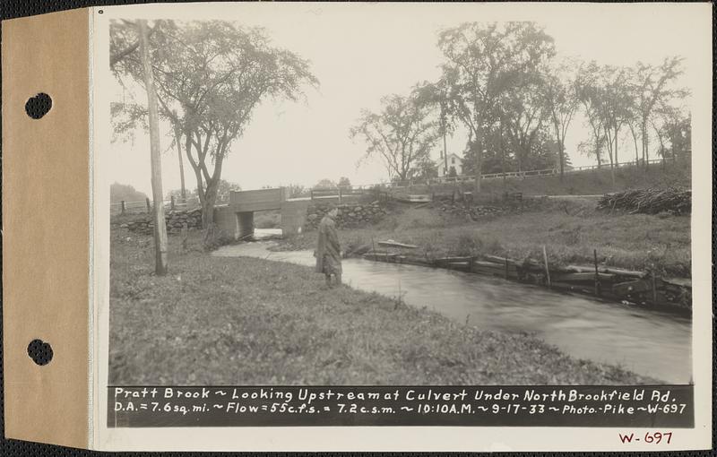 Pratt Brook, looking upstream at culvert under North Brookfield Road, drainage area = 7.6 square miles, flow = 55 cubic feet per second = 7.2 cubic feet per second per square mile, Barre, Mass., 10:10 AM, Sep. 17, 1933