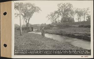 Pratt Brook, looking upstream at culvert under North Brookfield Road, drainage area = 7.6 square miles, flow = 55 cubic feet per second = 7.2 cubic feet per second per square mile, Barre, Mass., 10:10 AM, Sep. 17, 1933