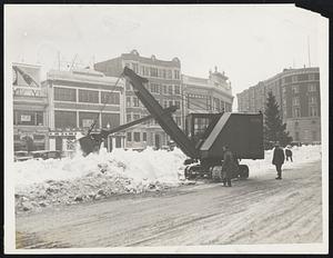 Removing snow in Kenmore Sq. with a power shovel.
