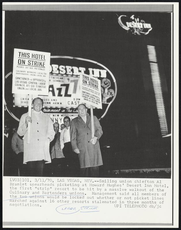 Smiling union chiefton Al Bramlet spearheads picketing at Howard Hughes' Desert Inn Hotel, the first "strip" resort to be hit by a massive walkout of the Culinary and Bartenders unions. Management said all members of the two unions would be locked out whether or not picket lines marched against 16 other resorts stalemates in three months of negotiations.