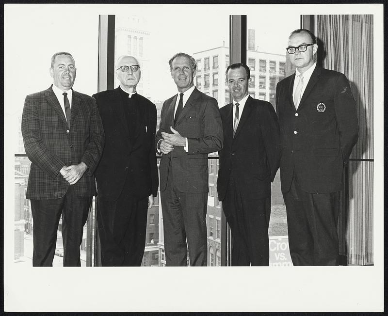 From Boston to Boston..The City of Boston, in the person of Mayor Kevin H. White (middle), here offers official congratulations to the group now finalizing the Cardinal Cushing pilgrimage to Boston, England, and shrines in Scandinavia. The July 14-Aug. 3 pilgrimage, which will pay special honor to St. Botolph as name-saint of Boston, will visit a dozen and more places in England, Norway, Denmark, and Sweden which are associated with devotion to the saint. Accepting the Mayor's "God-Speed" are (l. to r.) George Osborn of University Travel, Cambridge, handling technical arrangements; Brother Gerard Brassard, A.A., organizer and director of "Cardinal Cushing Boston Pilgrimages"; Joseph Klocker, sales representative in Boston for Scandinavian Airlines (SAS), official carrier for the pilgrimage; and George E. Ryan of THE PILOT, who assisted in arranging the unique pilgrimage.