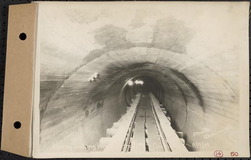 Contract No. 14, East Portion, Wachusett-Coldbrook Tunnel, West Boylston, Holden, Rutland, lining looking west, Shaft 1, West Boylston, Mass., Aug. 9, 1929