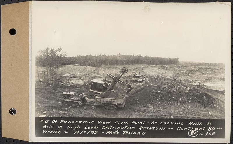 Contract No. 80, High Level Distribution Reservoir, Weston, photo no. 5 of panoramic view from point "A" looking north at site of high level distribution reservoir, Weston, Mass., Oct. 2, 1939