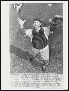 Seminick Aims to Bolster Reds- Here's Andy Seminick, catcher Cincinnati Reds obtained from Phillies in winter deal, chasing after foul fly in practice drill here today. The veteran slugging catcher is expected to strengthen Reds in coming National League flag race.