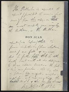 Byron. Above: A note to the Publishers in Byron's Hand in his Own Copy of "Don Juan."