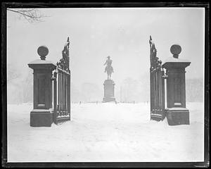 Washington Statue from Arlington Street gate in snow