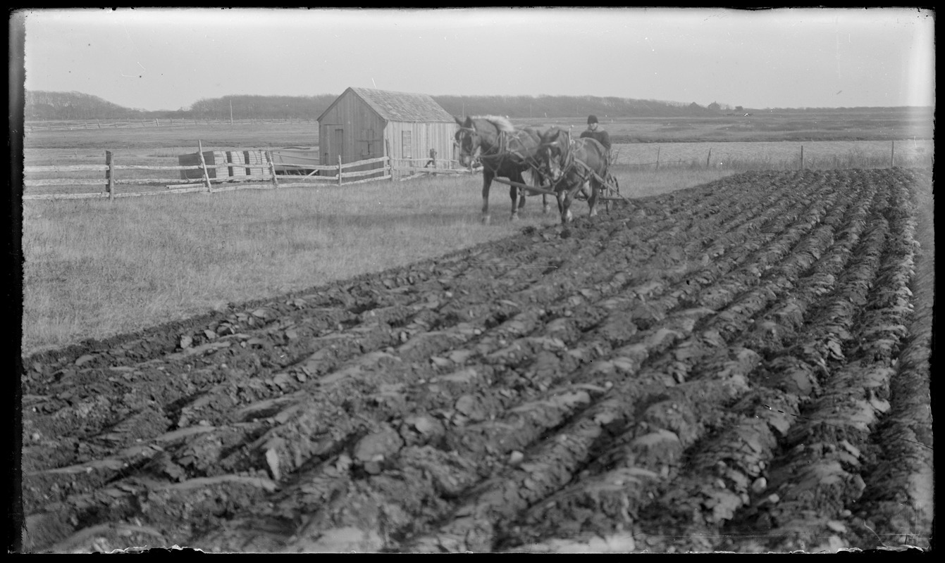 Sulky plow plowing field near sm. barn & house. 7 Gates
