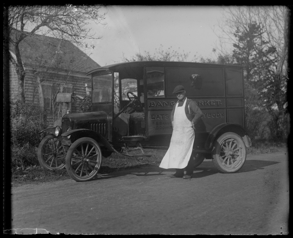 Meat cart, Ford Model T. Man pictured is Howard Downs