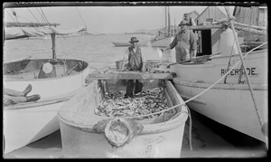 "Riverside" - at Menemsha. Aboard is Daniel Look, fellow looking over his head may be Harry Athearn (Leonard's father)