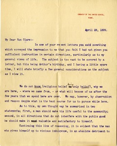 Letter from General William Franklin Draper to his son, Clare Hill Draper, April 28, 1899