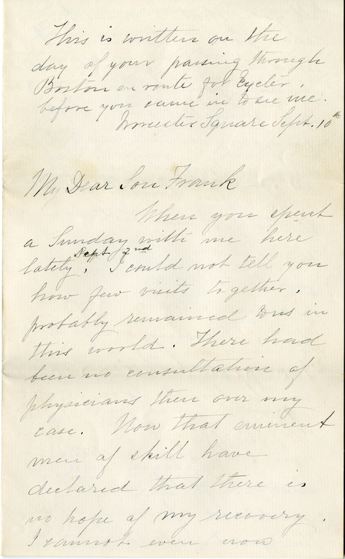 Letter from Lydia Warren Joy to her son William Franklin Draper Jr. saying goodbye