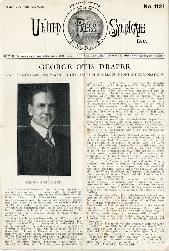 United Press Syndicate article on George Otis Draper