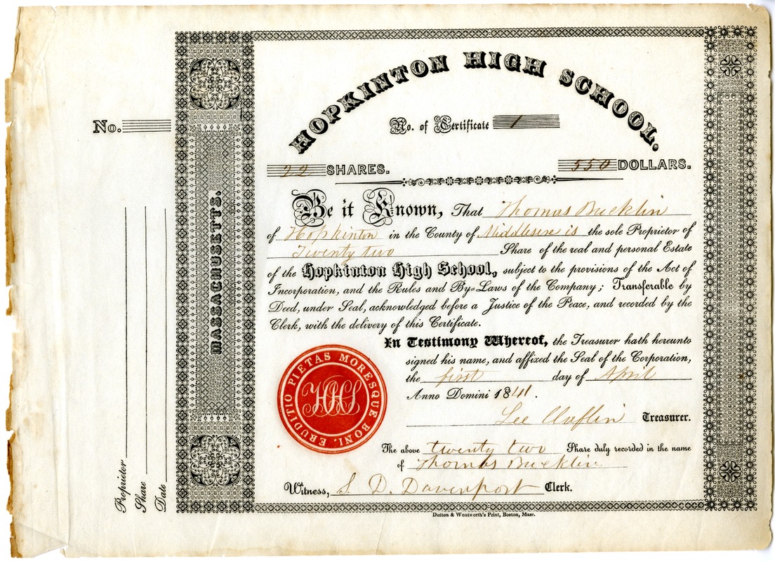 Hopkinton Schools, image #7, Stock Certificate 1841