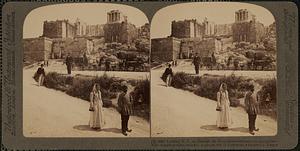 Looking N.E. up through the Propylaea - entrance to Acropolis - Nike temple at right, Athens