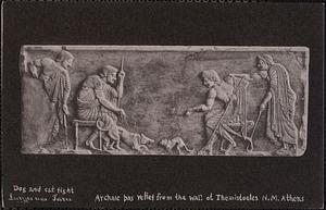 Dog and cat fight, Archaïc bas relief from the wall of Themistocles, N. M. Athens
