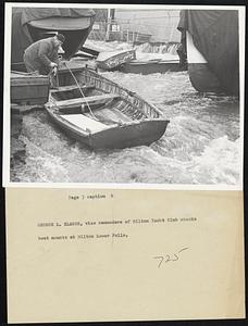 George L. Klages, vice commodore of Milton Yacht Club checks boat mounts at Milton Lower Falls.