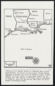 Where Hilda Is Moving--Map gives approximate location of Hurricane Hilda which churned through the Gulf of Mexico early today. Shaded is area where a hurricane watch is in effect for the entire Louisiana coast eastward to Mobile, Ala.