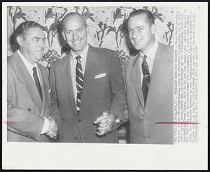 Phillies Name New Manager - Mayo Smith, center, manager of the Birmingham, Ala., team in Southern league, grins as he poses today after being named new field manager of the Philadelphia Phillies, succeeding Terry Moore. With Smith are Roy Hamey, left. general manager of the Phillies, and President-Owner Bob Carpenter, at right. Moore, Hamey said, was released because he was "inexperienced." Smith has managed minor league clubs in the New York Yankees farm system for the past six years.