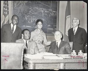 The Boston Sports and Entertainment Committee, including Celtics' star Sam Jones (second from left), has been created to coordinate a segment of Mayor White's "Summer 1968" Program. The committee is responsible for local implementation in regards to creating jobs, entertainment, education and recreation for youngsters. On the committee are, from left: Clarence Jones, Youth Coordinator for the City of Boston; Sam Jones, chairman; Gladys Eves, festival queen; Mayor White; and Roy Neblett, administrative assistant to the mayor.