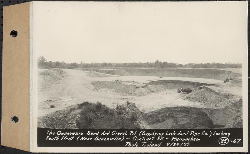 Contract No. 85, Manufacture and Delivery of Precast Concrete Steel Cylinder Pipe, Southborough, Framingham, Wayland, Natick, Weston, Generazio Sand and Gravel Plant, supplying Lock Joint Pipe Co., looking south west, near Saxonville, Framingham, Mass., Aug. 24, 1939