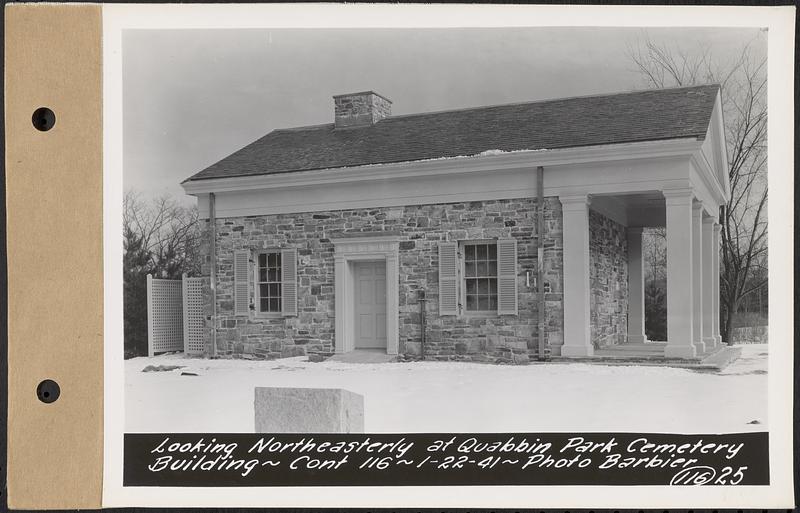 Contract No. 116, Quabbin Park Cemetery Building, Ware, looking northeasterly at Quabbin Park Cemetery building, Ware, Mass., Jan. 22, 1941