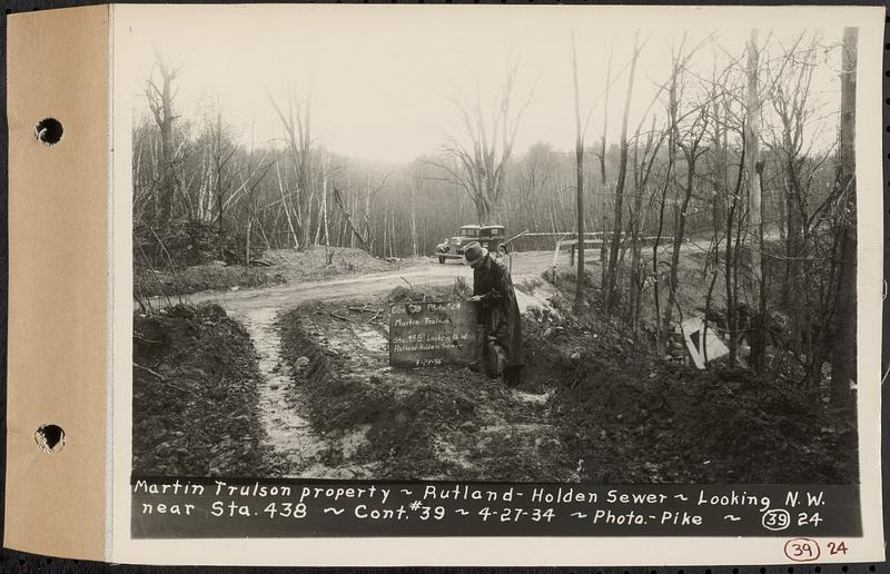 Contract No. 39, Trunk Line Sewer, Rutland, Holden, Martin Trulson property, looking northwest near Sta. 438, Rutland-Holden Sewer, Holden, Mass., Apr. 27, 1934