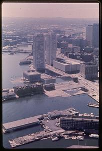 View of Boston from above, Harbor Towers in foreground