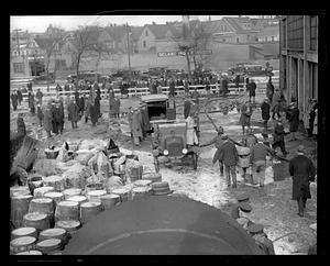 Aftermath of firefighting - water from fire hoses froze items and ground