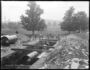 Distribution Department, Low Service Pipe Lines, laying pipe at upper end of trench, on Beacon Street, near Chestnut Hill Reservoir, looking west, Boston, Mass., May 29, 1896